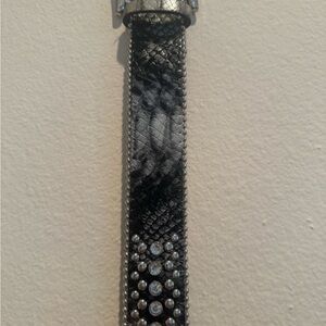 Women Black Faux Snakeskin Belt with Crystal Studs